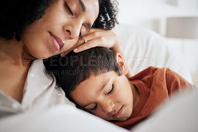 Buy stock photo Family, sleep and mother with boy, relax and child with comfort, happiness and weekend break. Home, mama and kid resting, morning and single parent with love, care and trust with bond and dreaming