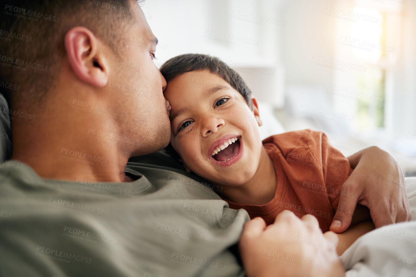 Buy stock photo Happy, dad and portrait of child in bed with happiness, freedom and together in morning, weekend or relax on holiday. Face, smile and father with son in family home, bedroom or profile picture