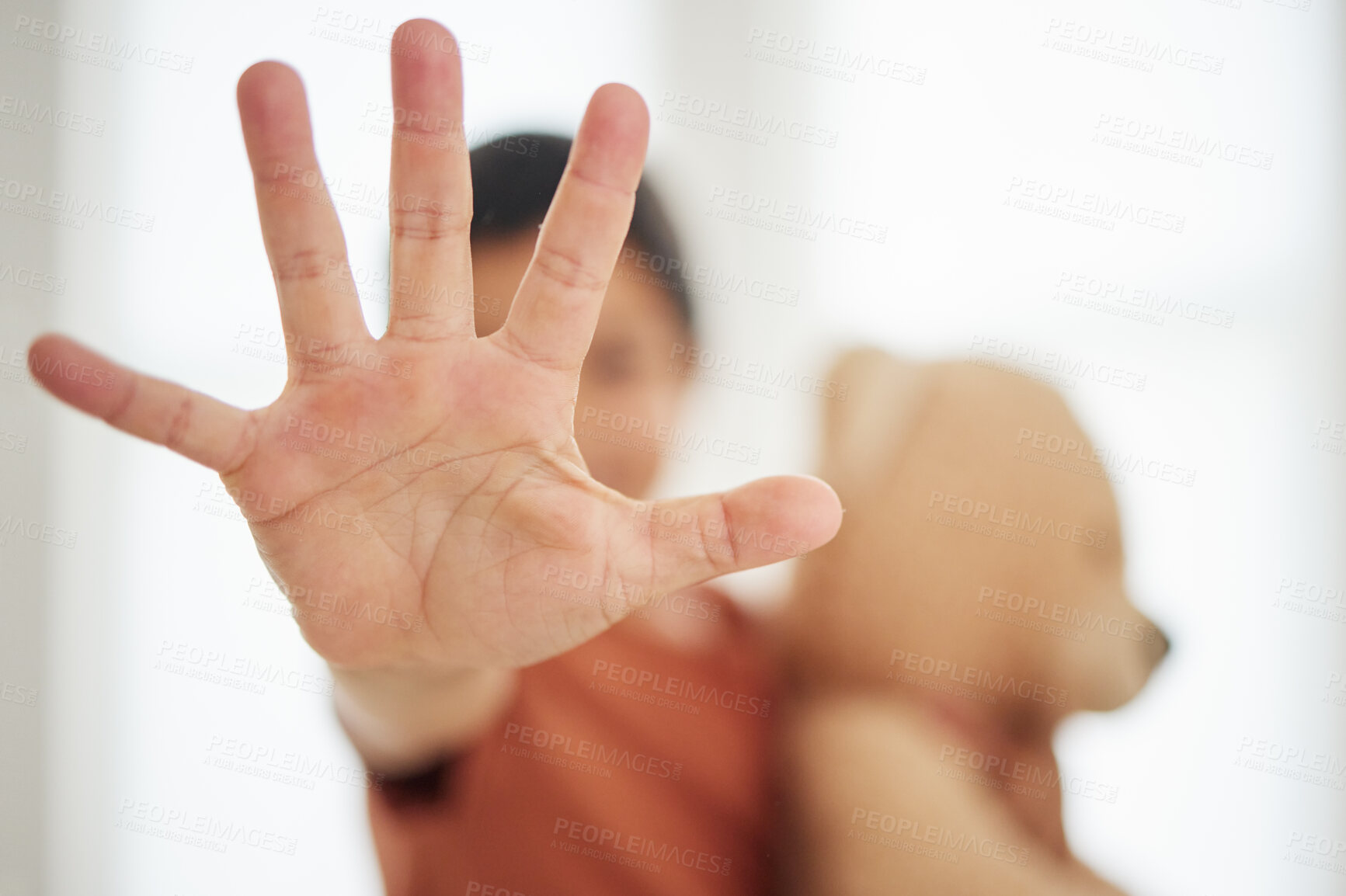 Buy stock photo Hand, child and palm with stop for violence, abuse and warning sign in support for harassment and protection. Person, kid and no gesture for protest, fight or defence expression with empowerment