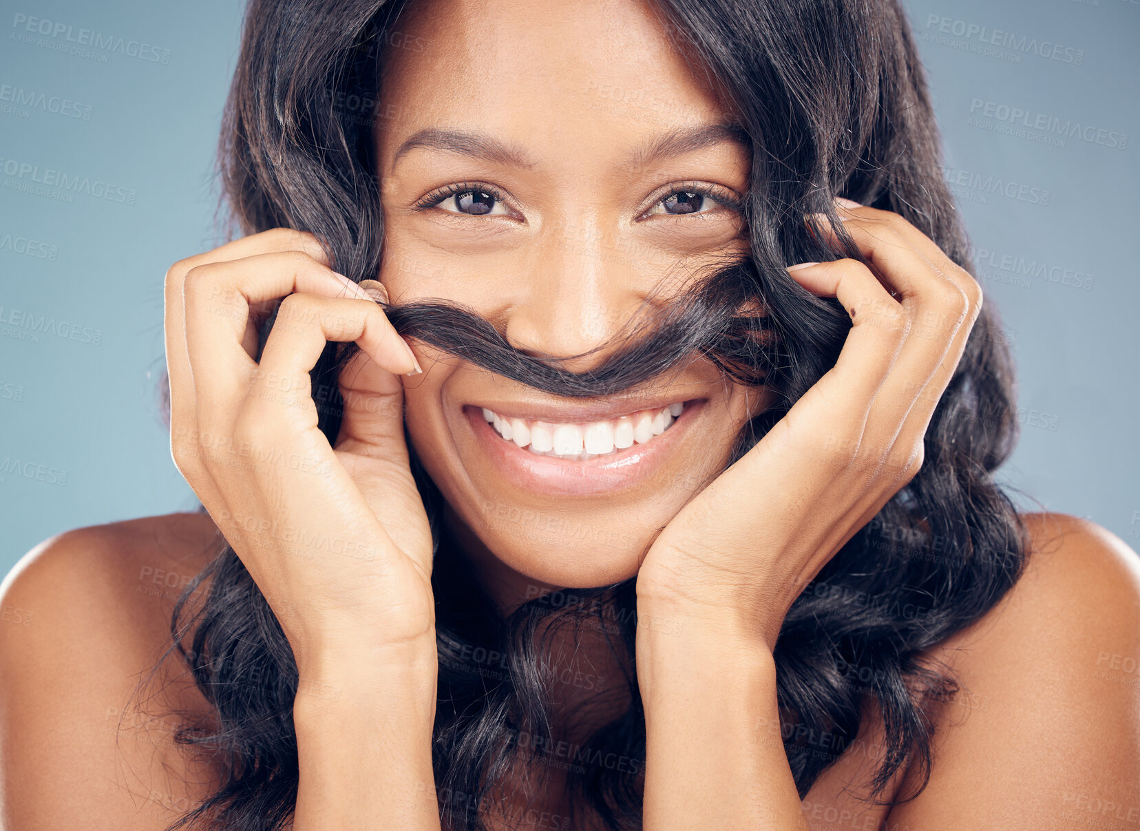 Buy stock photo Curly hair, mustache or portrait of happy woman in studio for wellness, treatment or comedy joke. Haircare, grey background or face of model with funny pose for natural beauty, texture or keratin