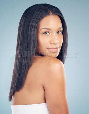 Buy stock photo Beauty, natural hair or portrait of woman in studio or salon for keratin growth, healthy shine or wellness. Face, skincare results or confident model in spa for hairstyle grooming on blue background 