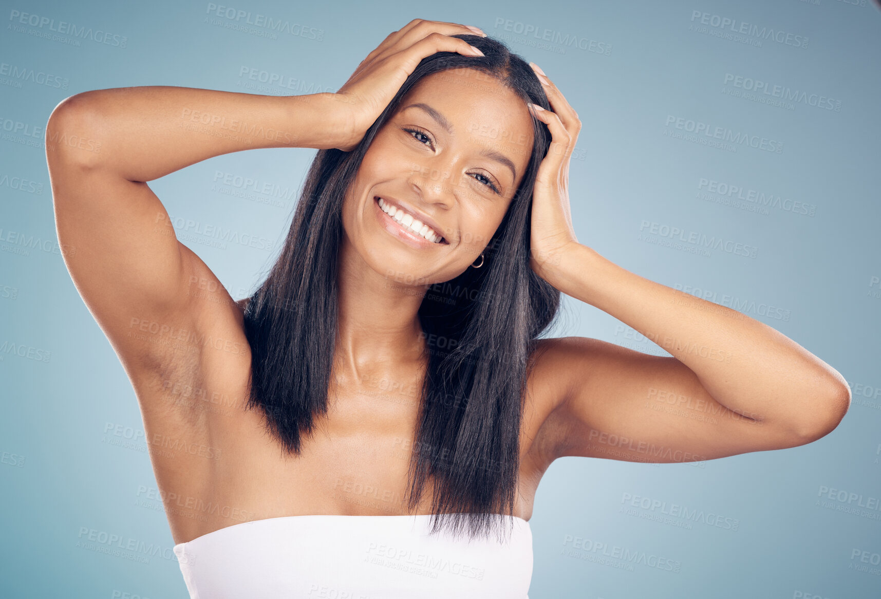 Buy stock photo Portrait, hair care or happy woman in studio for healthy natural shine, keratin growth or wellness. Face, smile or model with beauty spa cosmetics for hairstyle grooming results on blue background 