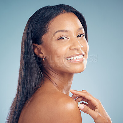 Buy stock photo Portrait, hair care or happy woman in studio or salon for keratin growth, healthy natural shine or wellness. Face, smile or model with beauty spa cosmetics for hairstyle grooming on blue background 