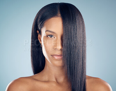 Buy stock photo Results, straight hair or portrait of woman in studio or salon for keratin growth, healthy shine or beauty. Collagen, texture or face of confident model with hairstyle grooming on blue background 