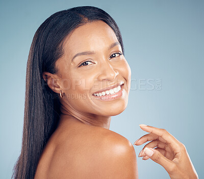 Buy stock photo Portrait, natural hair or happy woman in studio or salon for keratin growth, healthy shine or wellness. Face glow, results or model with beauty or smile for hairstyle grooming on blue background 