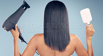 Buy stock photo Iron, straight hair or back of woman with brush in studio or salon for keratin growth, healthy shine or beauty. Product, flat straightener or model with hairstyle grooming results on blue background