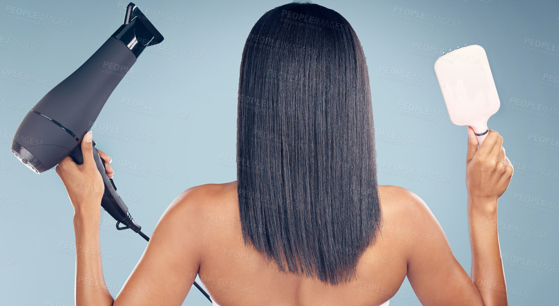 Buy stock photo Iron, straight hair or back of woman with brush in studio or salon for keratin growth, healthy shine or beauty. Product, flat straightener or model with hairstyle grooming results on blue background