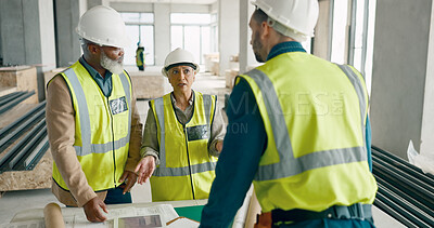 Buy stock photo Meeting, discussion and team of construction workers in collaboration for building renovation. Industry, civil engineering and group of contractors talking for project development planning on site.