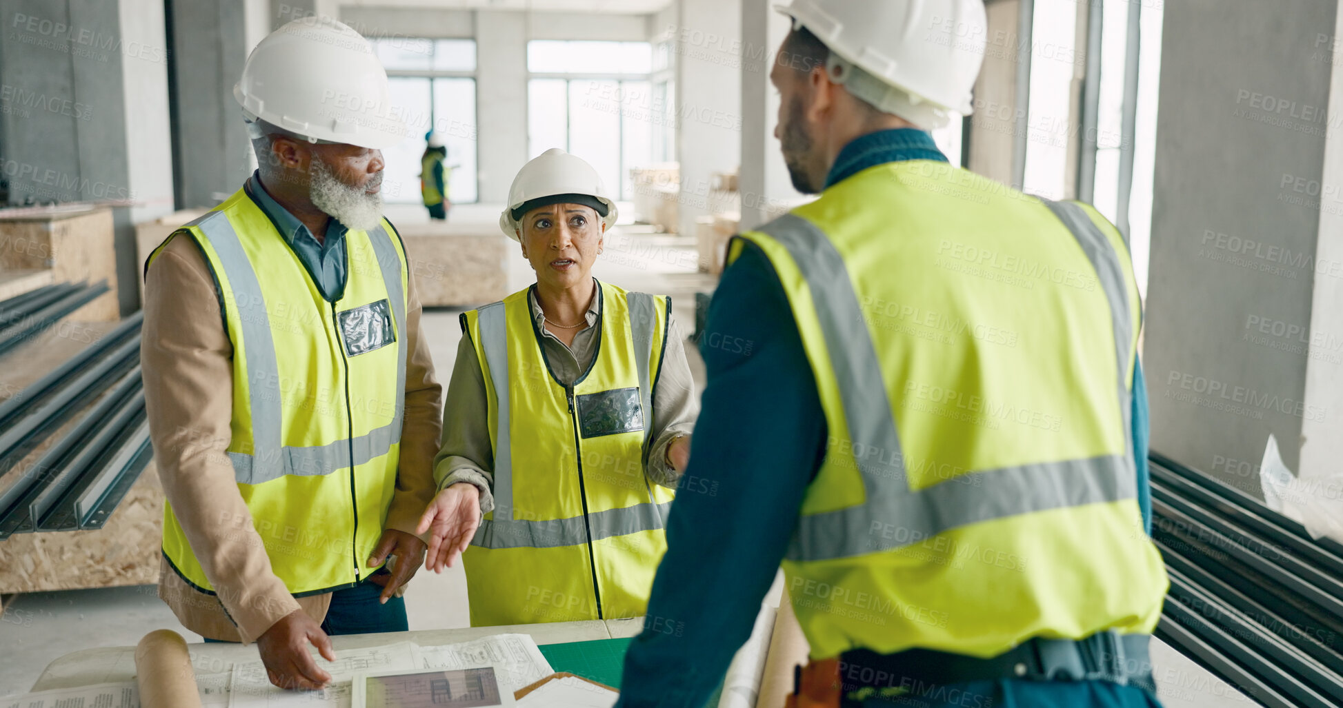 Buy stock photo Meeting, discussion and team of construction workers in collaboration for building renovation. Industry, civil engineering and group of contractors talking for project development planning on site.