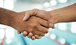 Sports, swimming pool and handshake in competition, challenge and greeting at training in closeup. Shaking hands, athlete and collaboration of people, teamwork and support in cooperation at meeting