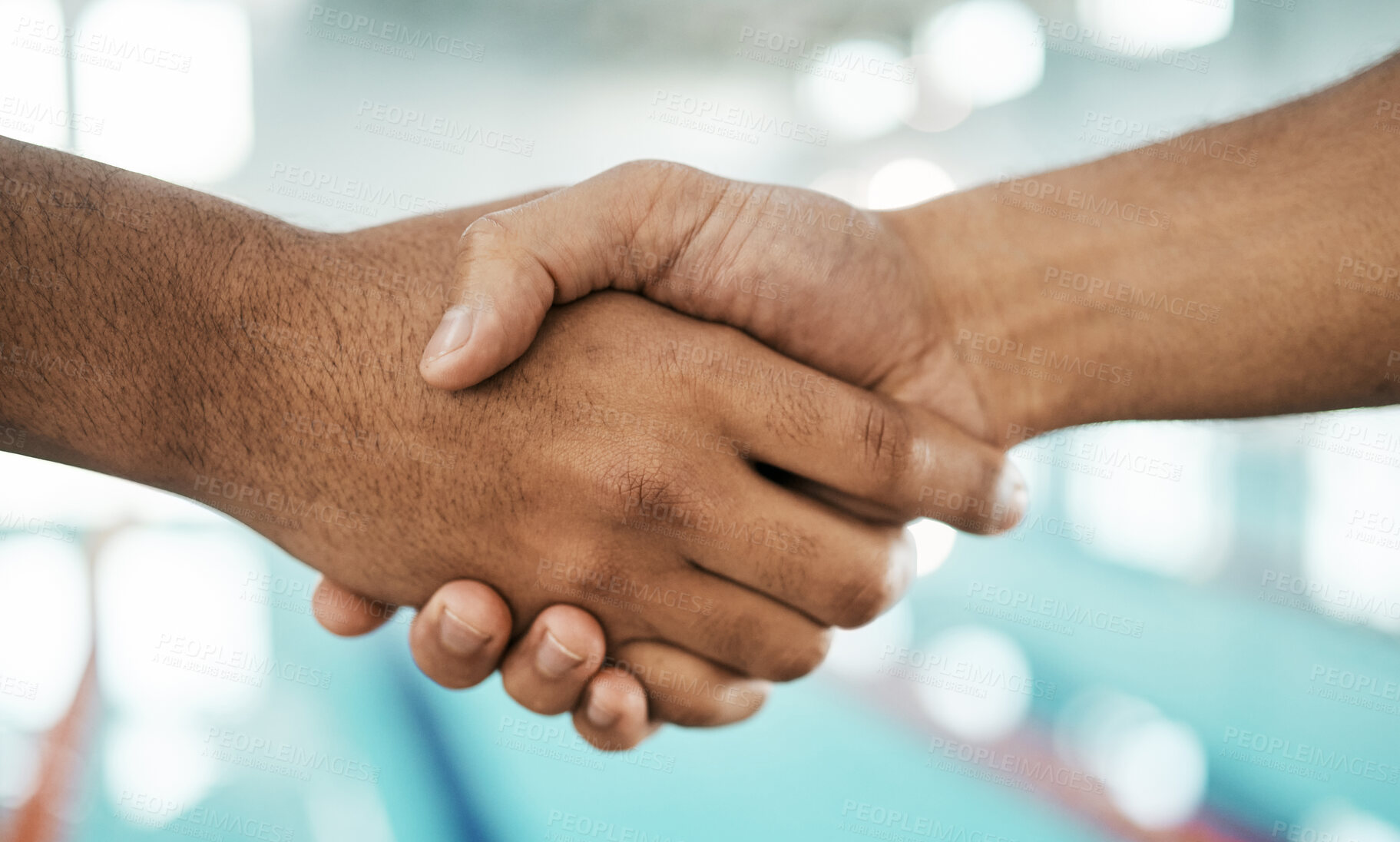 Buy stock photo Sports, swimming pool and handshake in competition, challenge and greeting at training in closeup. Shaking hands, athlete and collaboration of people, teamwork and support in cooperation at meeting