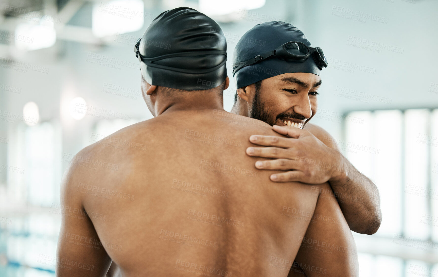 Buy stock photo Men, swimming team and hug by pool for support, goals and motivation at competition with smile for wellness. Athlete teamwork, swimmer partnership and happy embrace for congratulations at contest