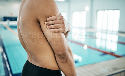 Buy stock photo Arm injury, swimming and sore sports person, athlete or player with practice accident, dislocated shoulder and hurt. Joint pain, medical emergency and closeup swimmer massage muscle, strain or bruise