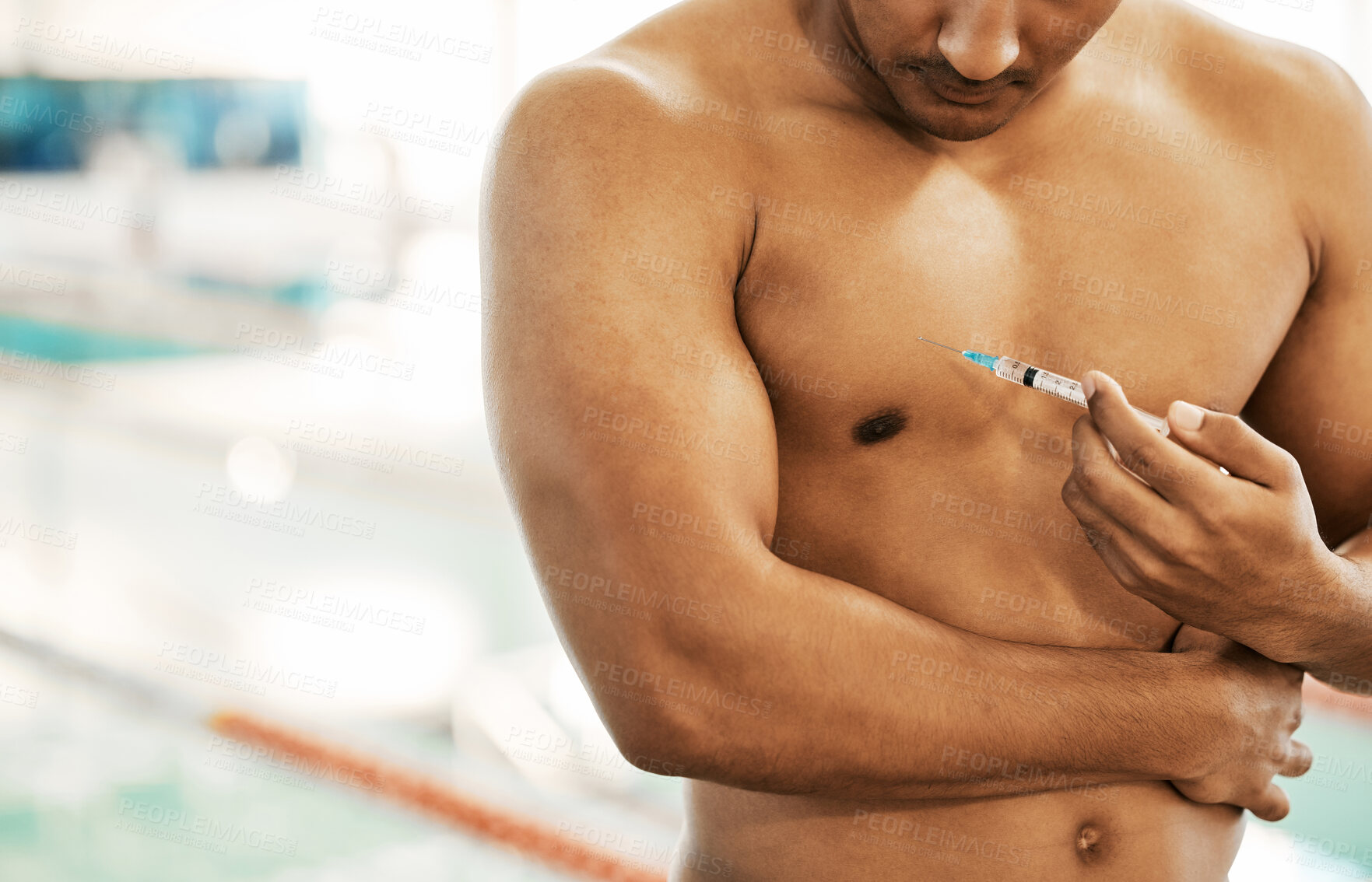 Buy stock photo Athlete, man and injection with needle, illegal and ban drugs with swimmer, steroids and muscle. Person, bare and guy with syringe, health or sports with cheating, testosterone and medicine addiction