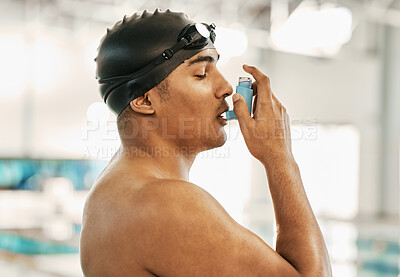 Buy stock photo Inhaler, swimmer and man by pool with asma, breathing and oxygen medical tool for health. Workout, swimming training and fitness with a male athlete with healthcare, medicine and  lung problem