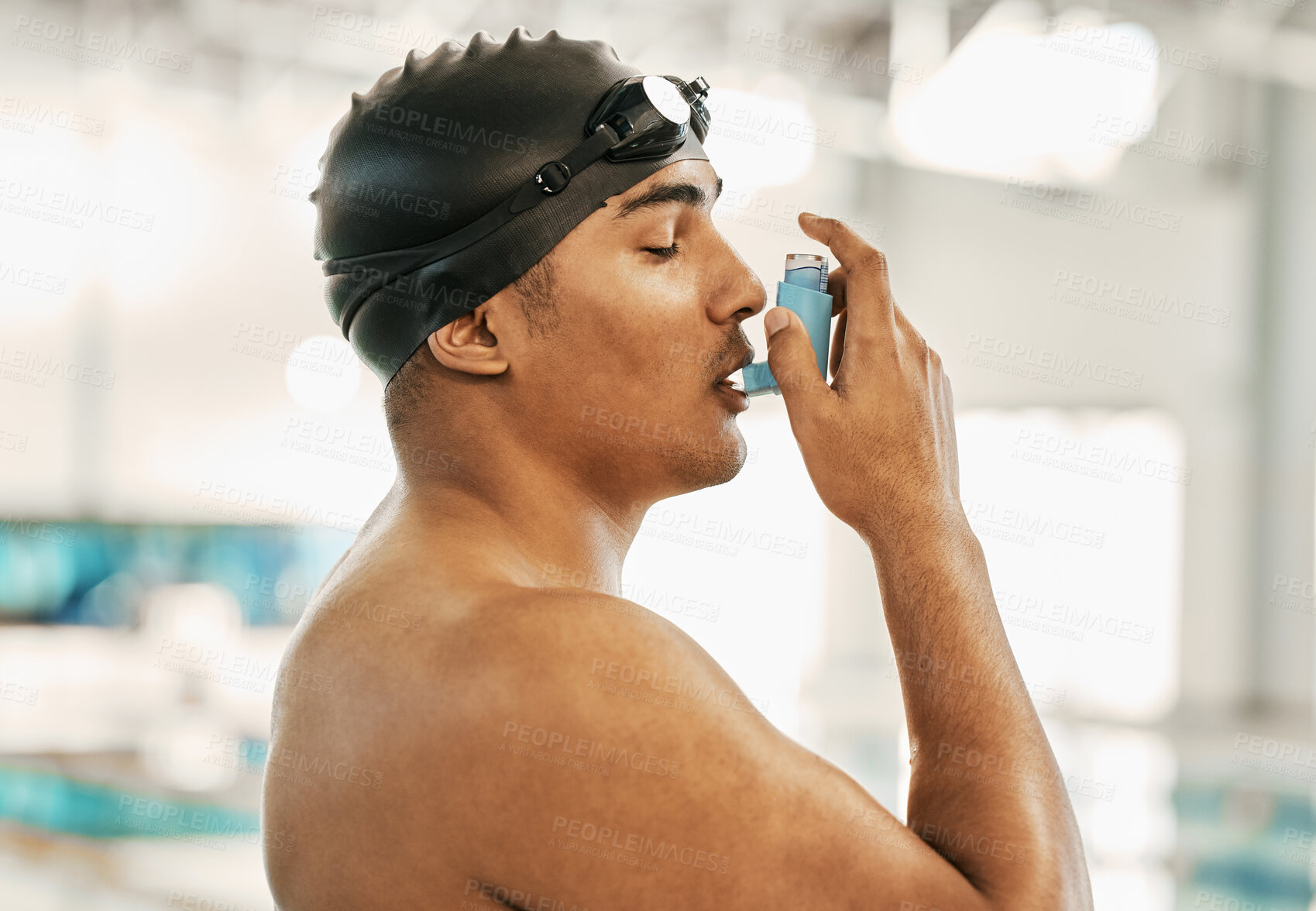 Buy stock photo Inhaler, swimmer and man by pool with asma, breathing and oxygen medical tool for health. Workout, swimming training and fitness with a male athlete with healthcare, medicine and  lung problem