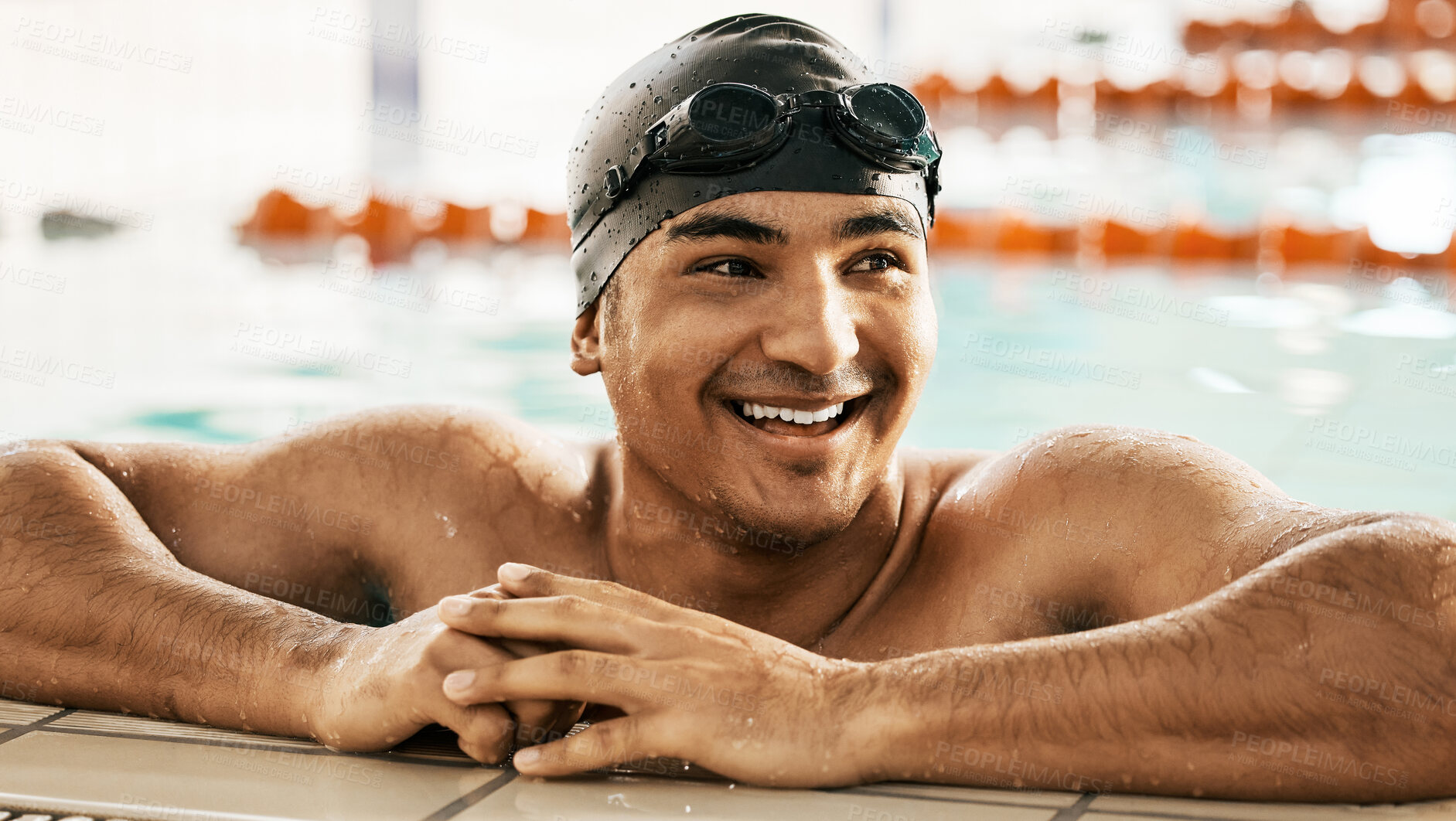 Buy stock photo Happy, man and athlete relax in swimming pool after training, workout or exercise for wellness or cardio fitness in gym. Swimmer, smile and enjoy sports challenge or summer water polo competition