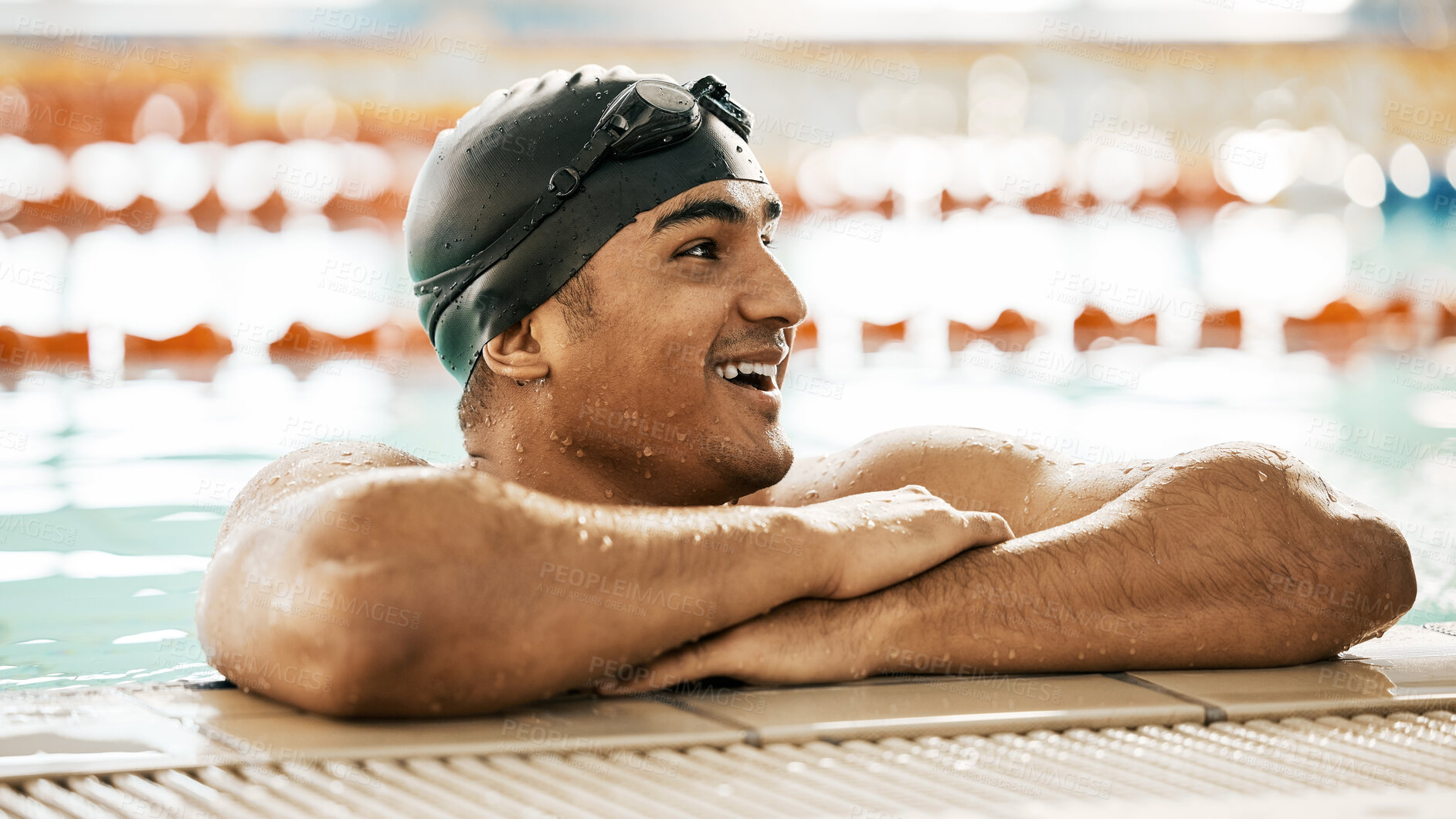 Buy stock photo Happy, man and athlete in swimming pool water after training, workout or exercise for wellness, performance or fitness. Swimmer, relax or smile for sport, challenge or health in race competition