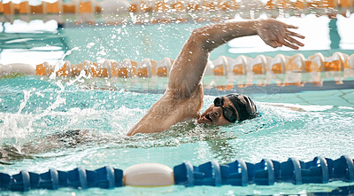 Fitness, workout and a swimmer in a pool during a race, competition or cardio training at a gym. Exercise, water and sports with an athlete swimming to improve speed, health or freestyle performance
