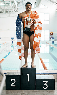 Buy stock photo Athlete man, trophy and portrait with flag for USA, pride and success by pool, competition or sports challenge. Swimming guy, champion or winner with celebration, goals and fabric for United States