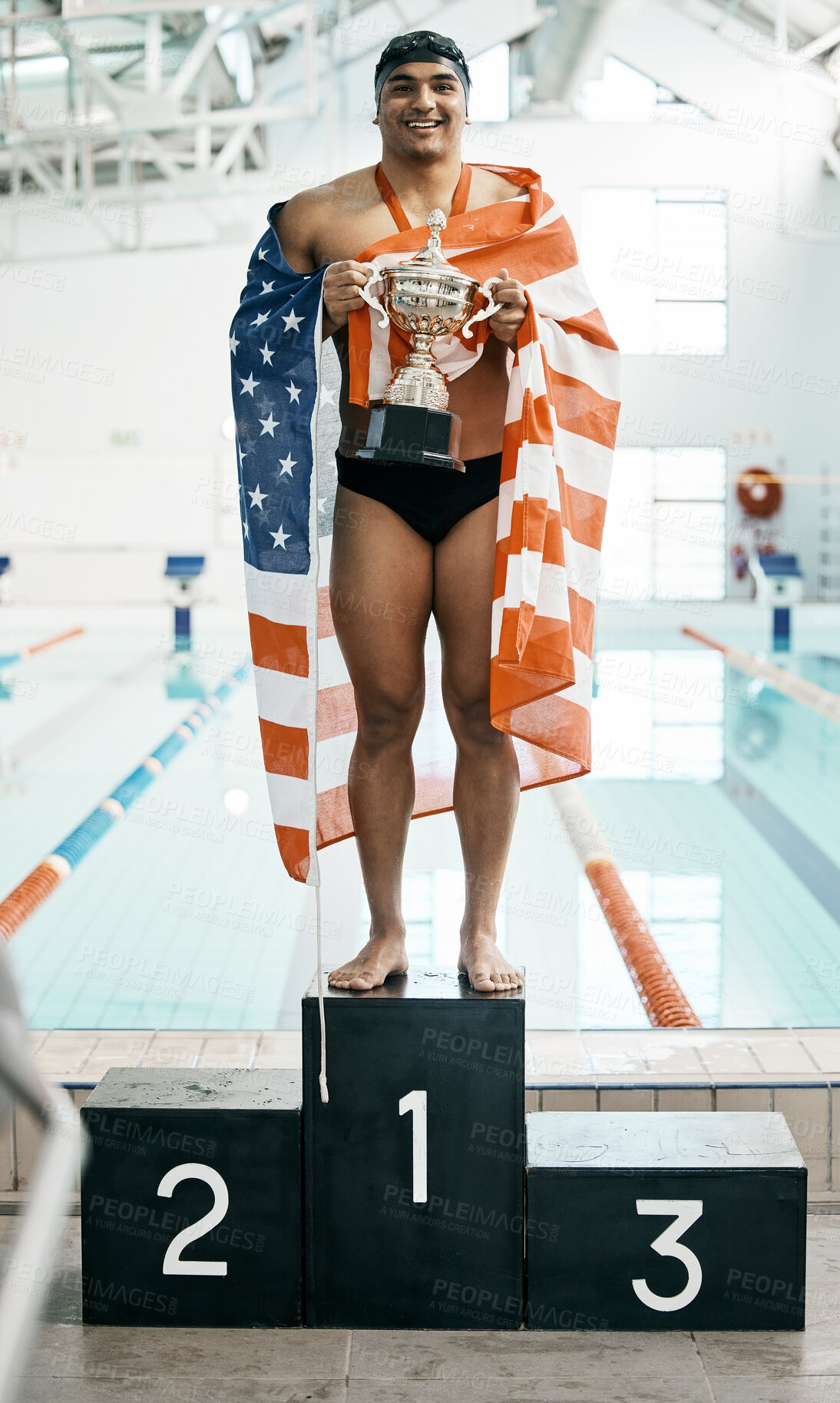 Buy stock photo Athlete man, trophy and portrait with flag for USA, pride and success by pool, competition or sports challenge. Swimming guy, champion or winner with celebration, goals and fabric for United States