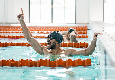 Swimming pool, excited or sport man celebrate water challenge, cardio or triathlon training success. First gesture, victory or happy winner, champion or swimmer shout for race competition achievement