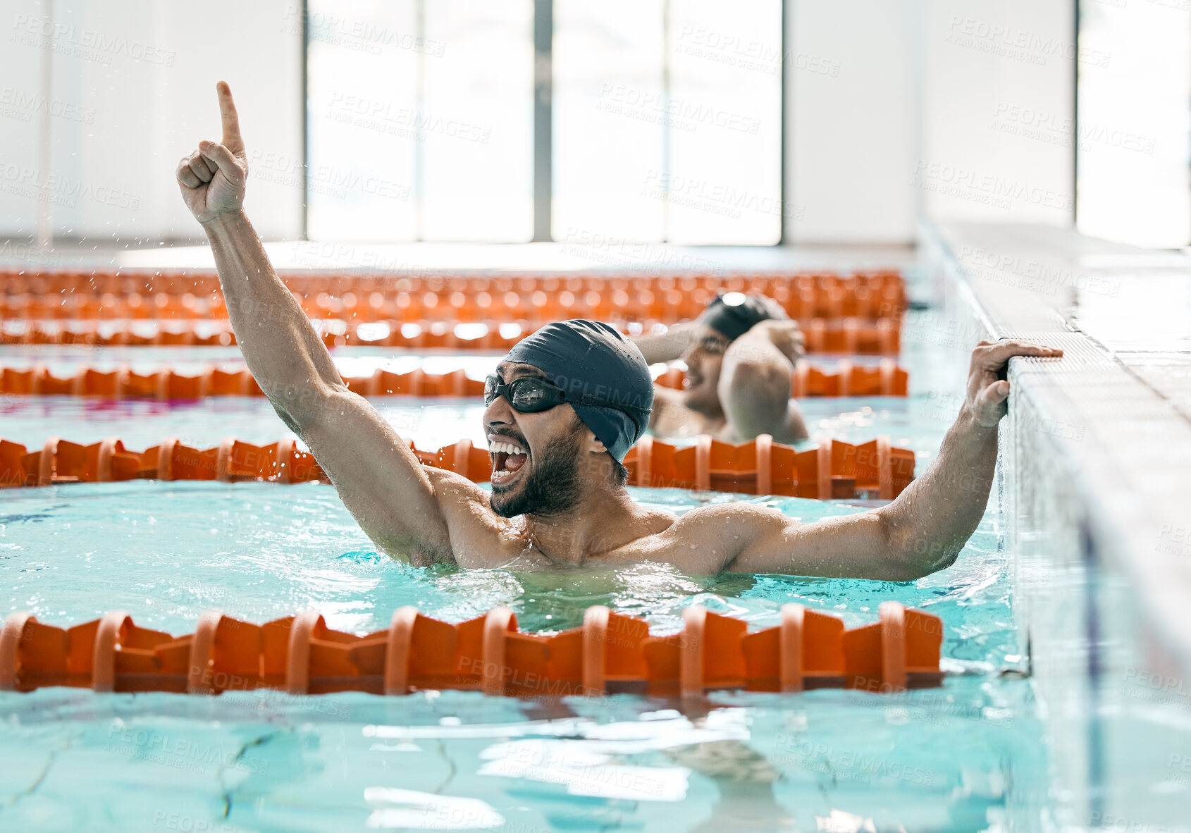 Buy stock photo Swimming pool, excited or sport man celebrate water challenge, cardio or triathlon training success. First gesture, victory or happy winner, champion or swimmer shout for race competition achievement