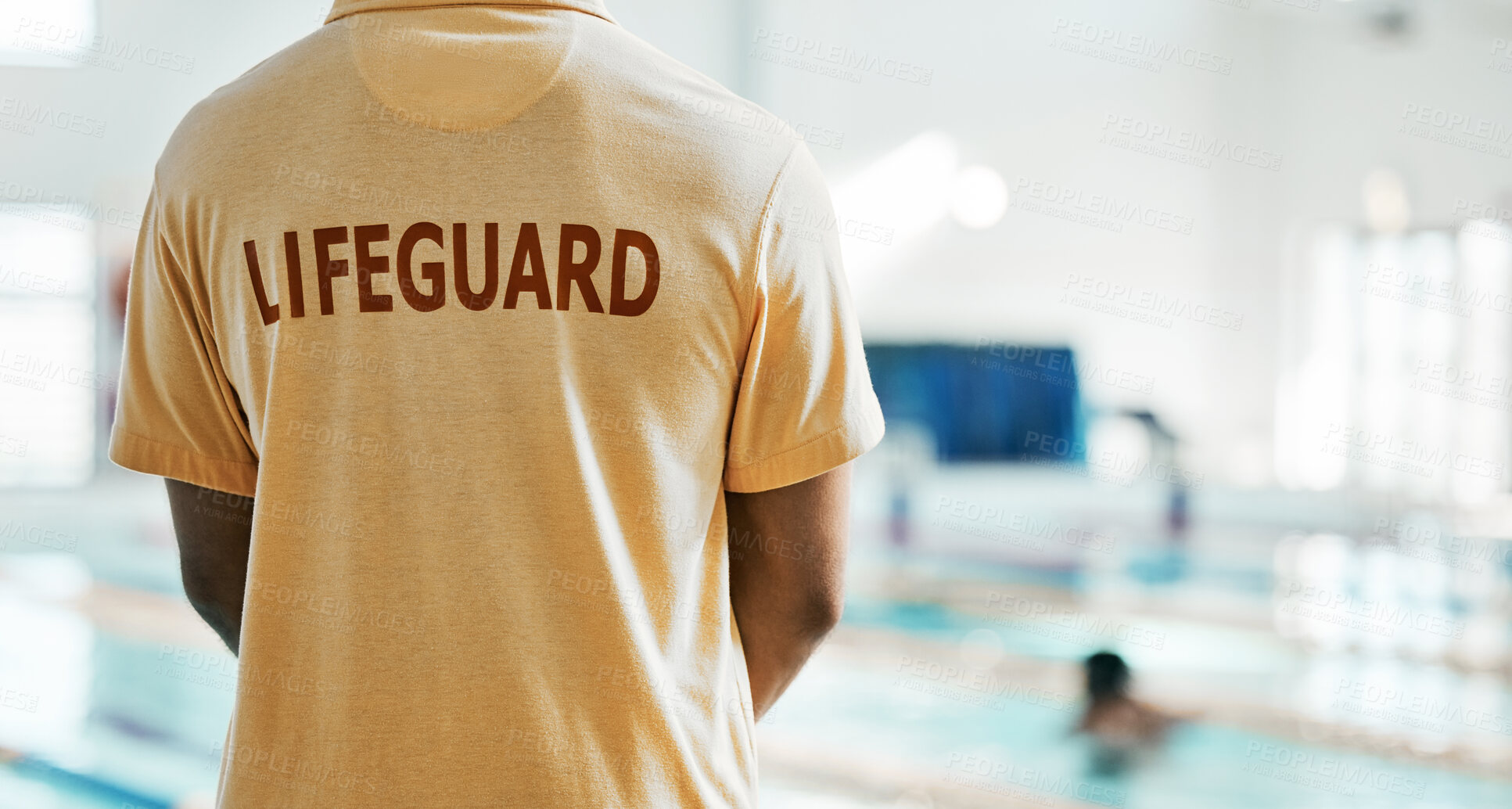 Buy stock photo Lifeguard safety, swimming pool and back of person ready for job, rescue support or helping with danger, security or life saving. Mockup space, public worker and first aid expert for protection care