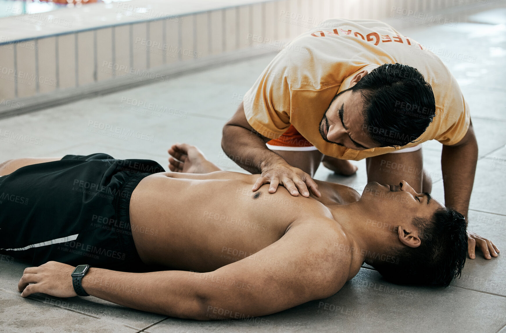 Buy stock photo Cpr, first aid and healthcare with people at swimming pool for rescue, emergency and safety. Paramedic, helping and medical with lifeguard listening to patients breathing for drowning accident