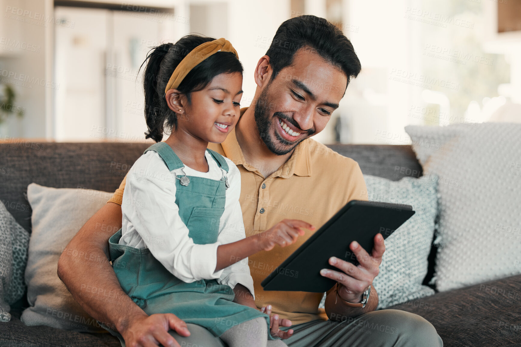 Buy stock photo Father, girl and child with tablet on sofa for online games, reading ebook story and educational media at home. Man, dad and happy kid streaming cartoon, movies and digital technology in living room
