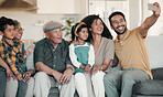 Happy family, selfie and living room sofa with smile, grandparents and children together with dad. Social media, profile picture and happy kids, mother and father with bonding and support at home