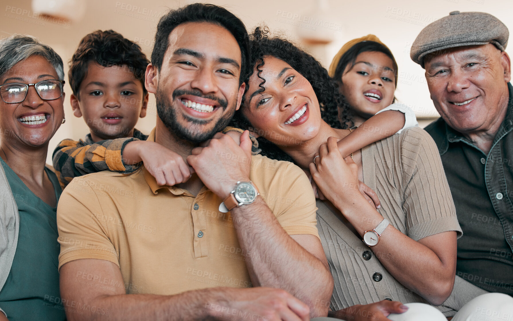 Buy stock photo Parents, grandparents and portrait of a child on home sofa with a smile, support and security. Men, women and a kid together in Mexico house for generation love, care and comfort with family cover