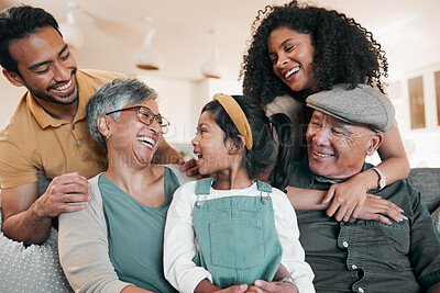 Buy stock photo Parents, grandparents and portrait of a child on home sofa with a smile, support and security. Men, women and a kid together in Mexico house for generation love, care and comfort with family cover