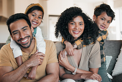 Buy stock photo Portrait of parents, kids and hug on sofa together, love and happy family fun in living room of home. Mom, dad and children embrace on couch with support, trust and smile with bonding in apartment.