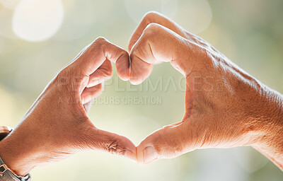 Buy stock photo Hands, heart and senior people with love, care and trust together with hope sign or symbol for health in a home. Romance, emoji and elderly with kindness and solidarity on retirement with respect