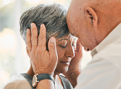 Buy stock photo Forehead, marriage and senior couple with love, care and trust with bonding, happiness and peace. Romance, old man and elderly woman connect, home and calm with relationship, retirement and support