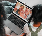 Video call, family wave and laptop screen with grandparents on living room sofa with greeting, kids and father. Happy, smile and online chat at home with parents and children with love and talking