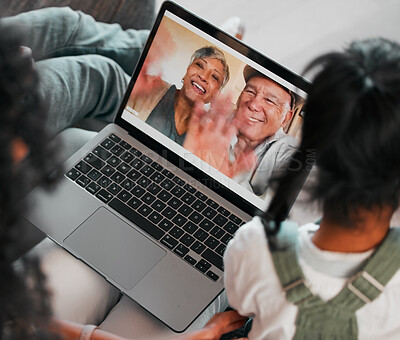 Buy stock photo Video call, family wave and laptop screen with grandparents on living room sofa with greeting, kids and father. Happy, smile and online chat at home with parents and children with love and talking