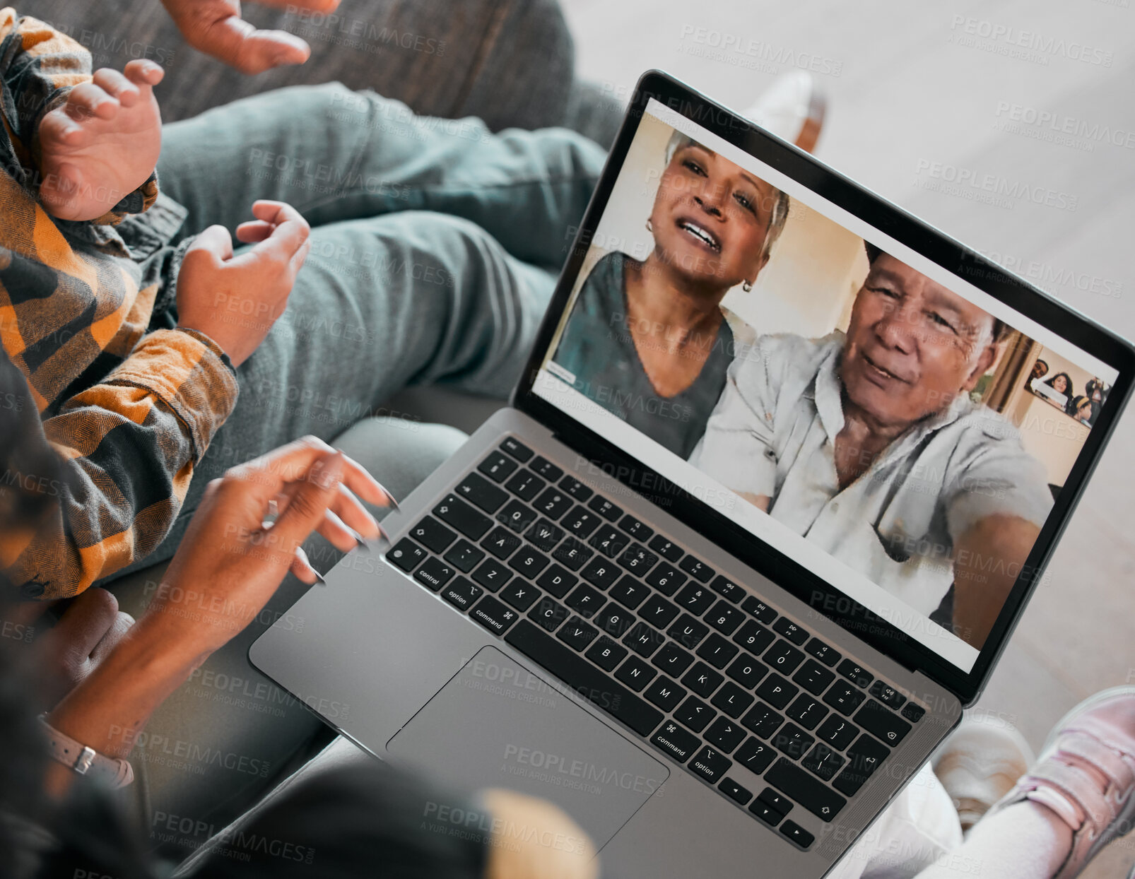 Buy stock photo Video call, family and laptop screen with grandparents on living room sofa with greeting, kids and father. Tech and online chat at home with parents and children with love and talking on computer