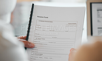 Buy stock photo Person, hands and documents for pension fund, application or paperwork in retirement at home. Closeup of elderly or retired form, contract or plan for old age allowance, funding or insurance in house