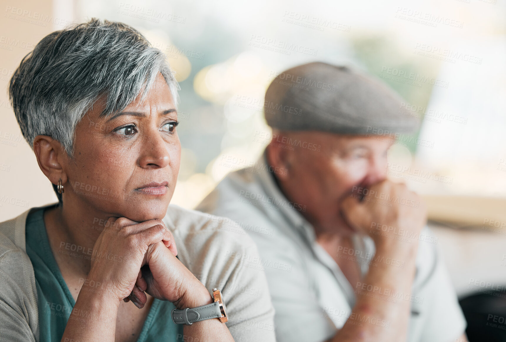 Buy stock photo Face of couple, fight and conflict of divorce for breakup, argument and ignore partner at home. Sad, depressed and mature woman thinking of stress, crisis and frustrated for drama of marriage failure