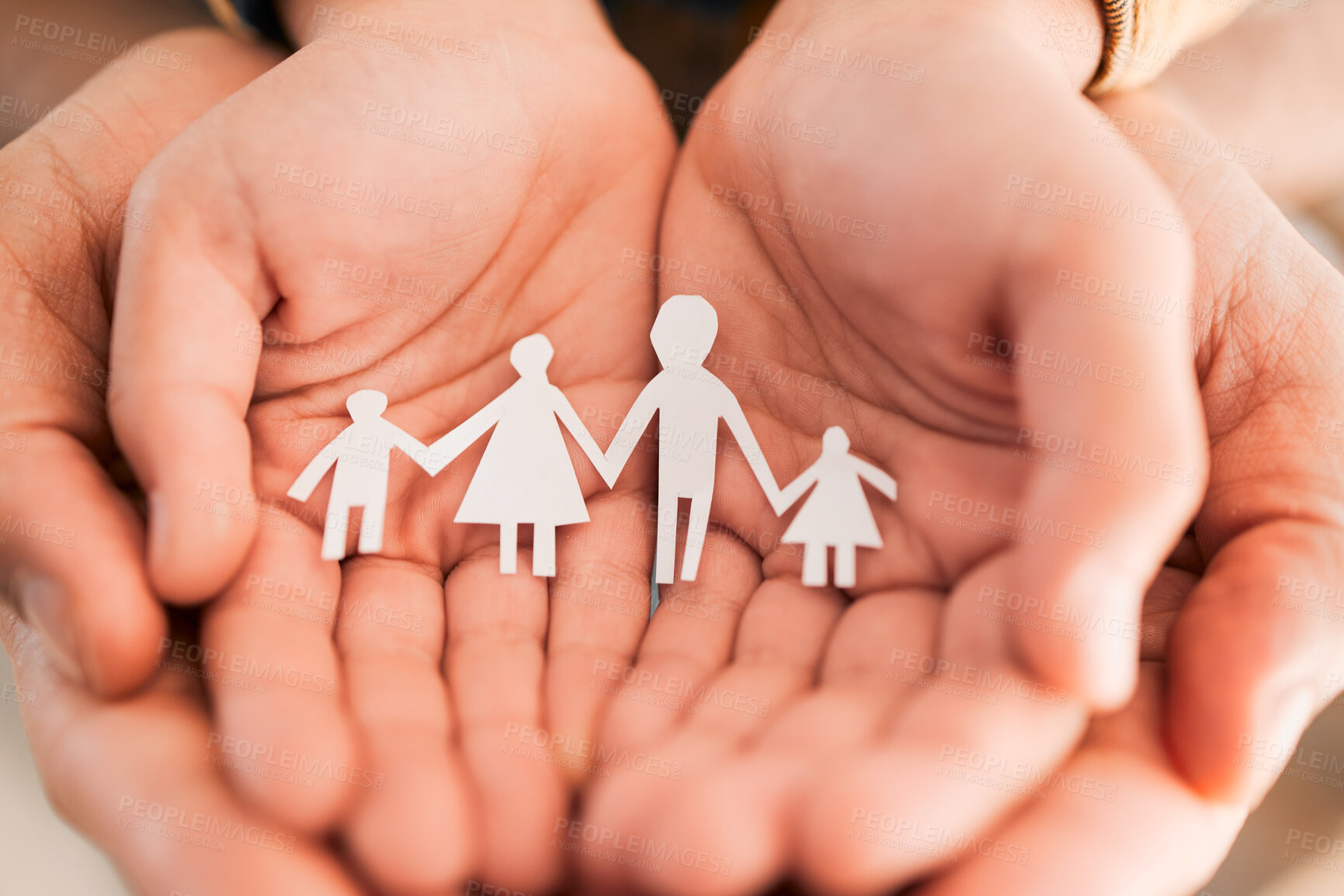 Buy stock photo Paper cutout, family and hands of people together for security, adoption or foster care. Zoom of parents and children figure in palm for love, art or support for health insurance, charity or wellness