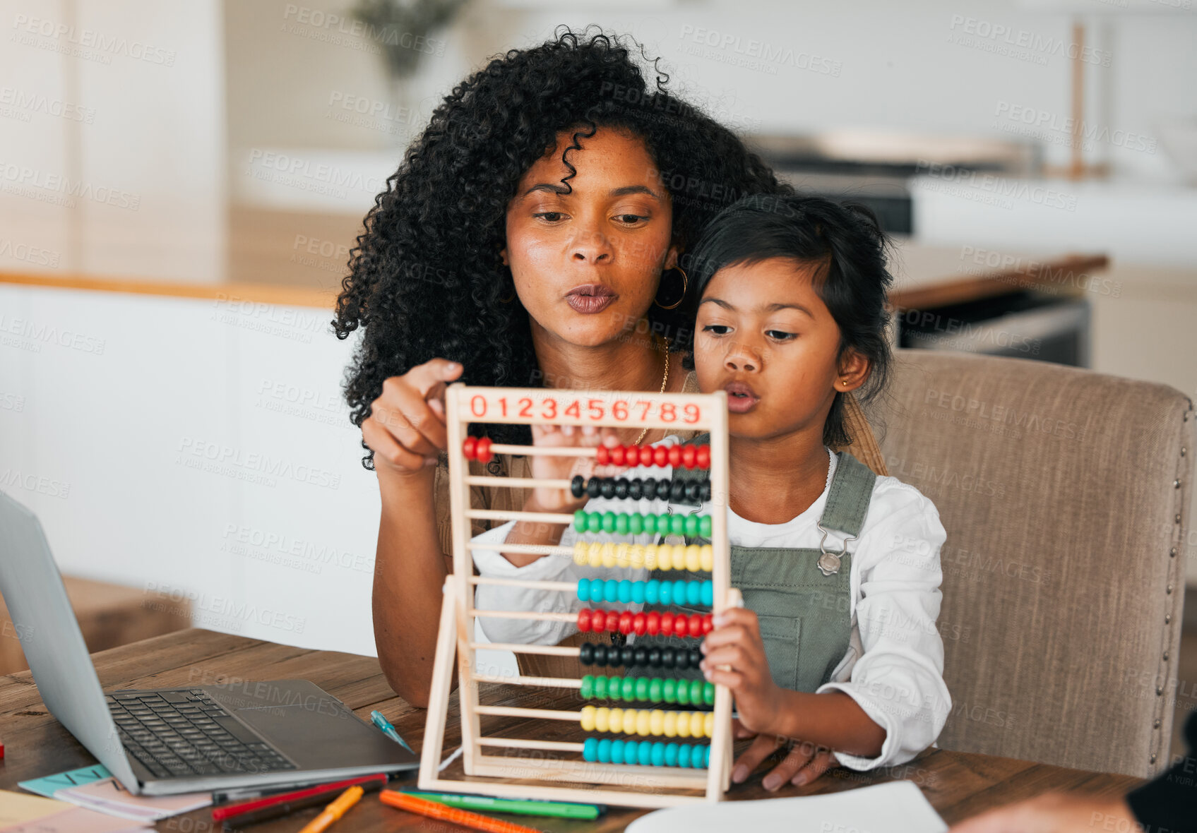 Buy stock photo Math, home school and parent help child learning or study an assessment in education with laptop together. Development, online and mother teaching kid with knowledge for support in numbers project