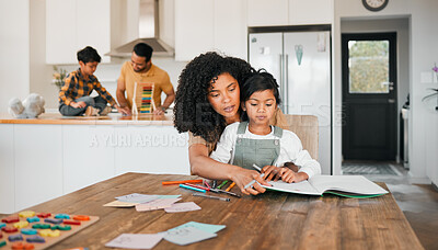 Buy stock photo Math, home school and parents help children learning or study an assessment in education with laptop together. Development, father and mother teaching kids with knowledge for support for project