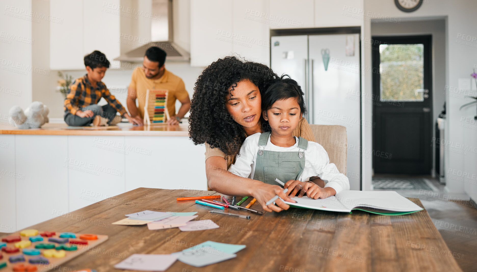 Buy stock photo Math, home school and parents help children learning or study an assessment in education with laptop together. Development, father and mother teaching kids with knowledge for support for project