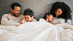 Relax, morning and happy with family in bedroom for bonding, love and support. Wake up, trust and care with parents and child playing in bed at home for funny, excited and happiness together