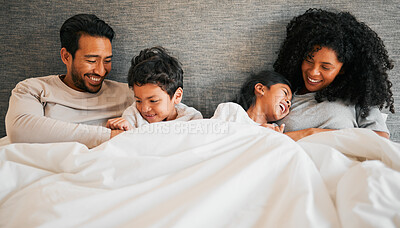 Buy stock photo Relax, morning and happy with family in bedroom for bonding, love and support. Wake up, trust and care with parents and child playing in bed at home for funny, excited and happiness together