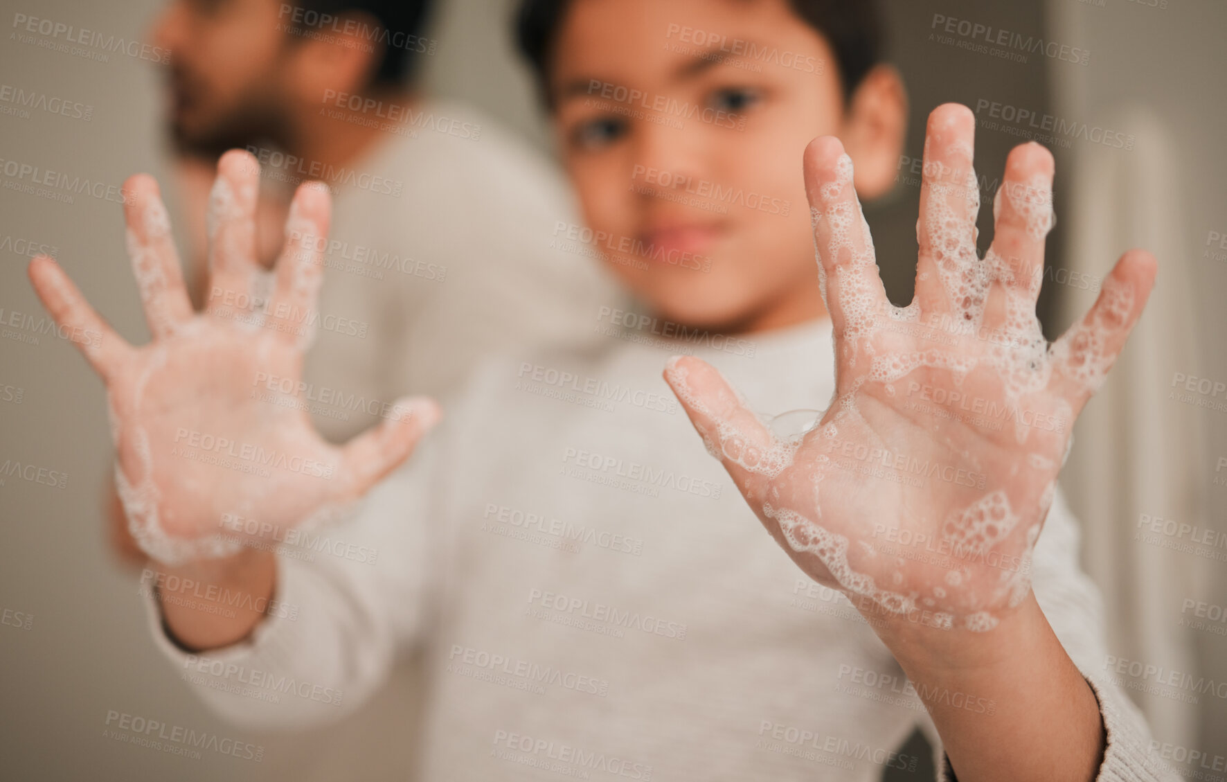 Buy stock photo Child, hands and soap, cleaning and hygiene, grooming and safety from bacteria with closeup at home. Health, wellness and protection, foam and palm with young person learn handwashing and skincare