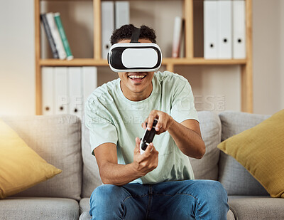 Buy stock photo Virtual reality glasses, home and man with game, controller and metaverse with connection, smile and software. Person, gamer or guy on a couch, VR eyewear and futuristic with online playing and relax