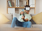 Virtual reality glasses, smile and man with game, controller and futuristic with connection, relax and software. Person, gamer or guy on a sofa, VR eyewear and metaverse with online playing and home